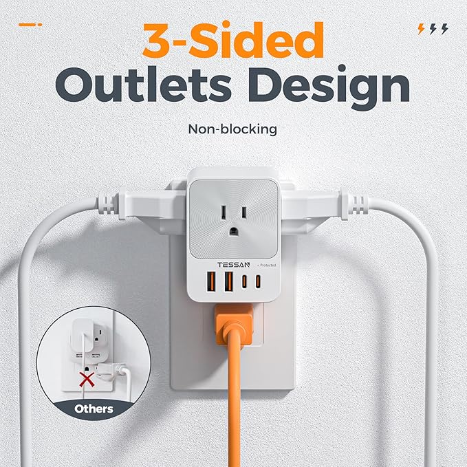 USB C Charger Block 20W PD, TESSAN 4 USB Wall Charger Fast Charging with 3 Outlet Extender Surge Protector, 3 Side Multi Port Adapter, Electric Multiple Outlet Plug for Home Office Dorm Room