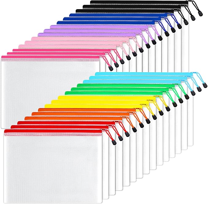 SUNEE Mesh Zipper Pouch 10x14 in (10 Colors, 30 Packs), Large Mesh Zipper Pouch Bags for School Office Supplies, Puzzles & Games, Travel Accessories, Waterproof Zipper Pouches for Organizing