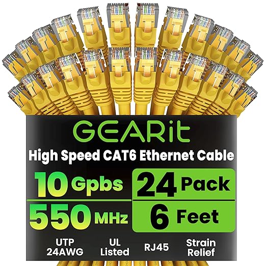 GearIT Cat 6 Ethernet Cable (24-Pack 6 Feet) Cat6 Network Patch, 10Gbps, RJ45, Snagless Cord, Gold-Plated Connectors, Internet for PC, TV, Tablet, Router, Printer, Servers, IT Data Center - Yellow