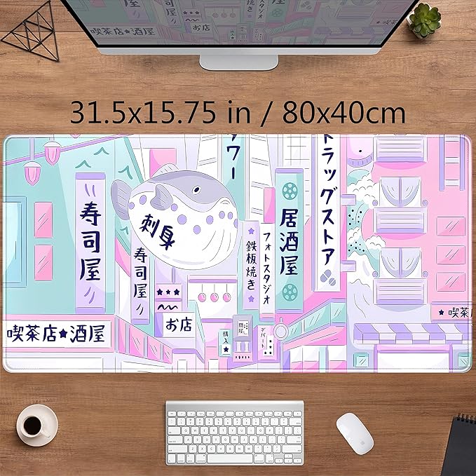 Pastel Tokyo Street Cute Desk Mat - Kawaii Anime Japanese Large Gaming Mousepad - Beige Desktop Laptop Keyboard Mouse Pad - City Aesthetics for Women Girl 31.5x15.75 in