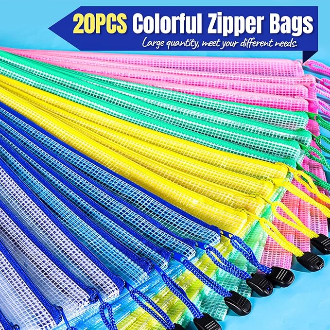 LEOBRO 20PCS Zipper Pouch, A4 Mesh Zipper Pouch Bags, Waterproof Bag, Mesh Bags for Classroom Organization, Toy Storage, School Supplies, Travel Essentials, File Jackets & File Pockets