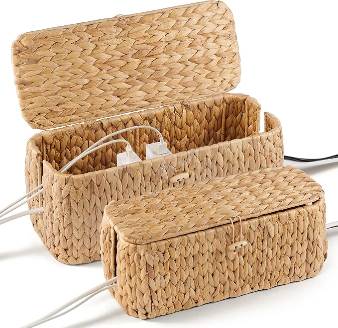 BLUEWEST Pack 2 Large Cable Management Box, Wicker Hyacinth Rattan Cable Organizer and Cover with 2 Open Slots and Safety Lock for Under Desk Power Strip, TV Wires, Computer, Router, USB Hubs