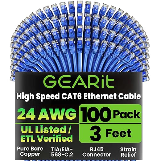 GEARit Cat 6 Ethernet Cable Pack - 100-Pack 3 ft Cat6 Ethernet Patch Cables | RJ45 Network Patch Cable, 10 Gbps Snagless Gold-Plated Connectors - Ethernet Cable Cat 6 for PC, TV, Router - Blue