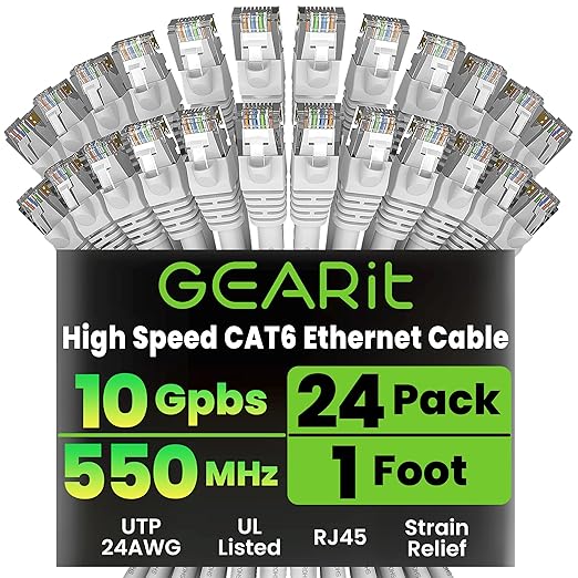 GEARit Cat 6 Ethernet Cable (24-Pack 1 Foot) Cat6 Network Patch, 10Gbps, RJ45, Snagless Cord, Gold-Plated Connectors, Internet for PC, TV, Tablet, Router, Printer, Servers, IT Data Center - White