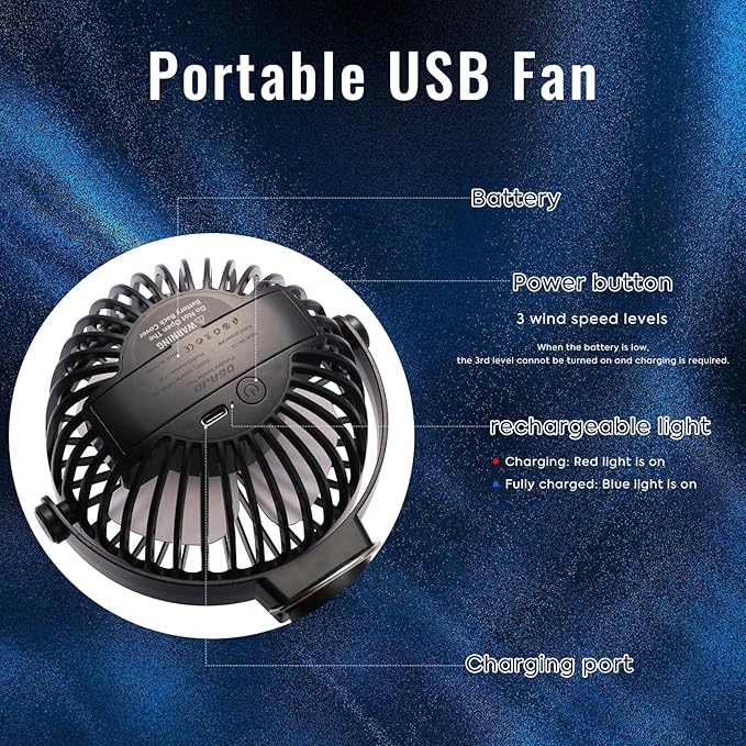 Portable Stroller Fan Personal rechargeable USB Fans With 5200mAh 3 Speeds Battery Small Baby Car Seat Mini Handheld Clip On Fan for Pram Crib Bike Treadmill Outdoor Camping Travel and Student Desk