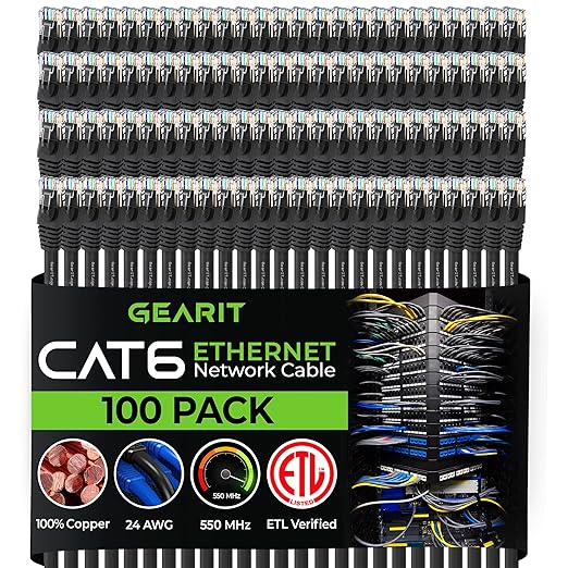 GEARit Cat 6 Ethernet Cable Pack - 100-Pack 0.5 ft Cat6 Ethernet Patch Cables | RJ45 Network Patch Cable, 10 Gbps Snagless Gold-Plated Connectors - Ethernet Cable Cat 6 for PC, TV, Router - Black