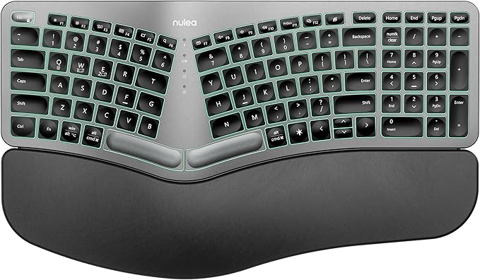 Nulea RT05 Wireless Ergonomic Keyboard, Split Keyboard with Wrist Rest, USB-C Charging, 7-Color Backlight, Natural Typing, Bluetooth and USB Connectivity, Compatible with Windows,Mac