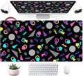 Retro 80s Desk Mat, Cute 90s XXL Large Gaming Mouse Pad, Black Boho Desk Pad with Stitched Edges, Computer Laptop Keyboard and Mouse Mat, Aesthetic Office Decor Non-Slip Mosuepad, 31.5x15.75 in