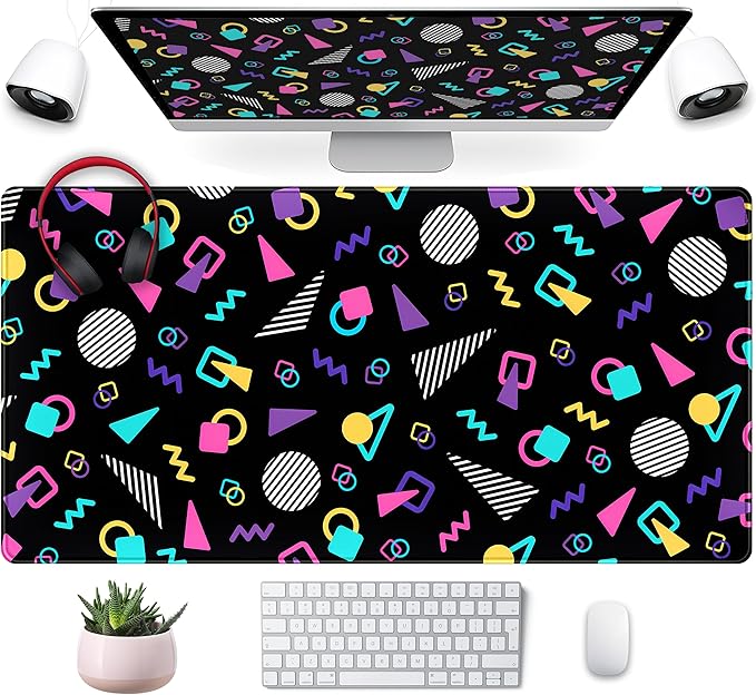 Retro 80s Desk Mat, Cute 90s XXL Large Gaming Mouse Pad, Black Boho Desk Pad with Stitched Edges, Computer Laptop Keyboard and Mouse Mat, Aesthetic Office Decor Non-Slip Mosuepad, 31.5x15.75 in