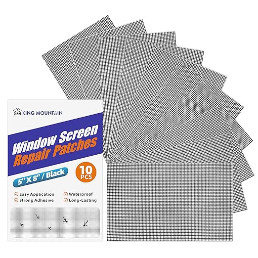 KING MOUNTAIN 10 Sheets Black Window Repair Patches, 58 in Repair Kit for Screen Tears Holes, Strong Adhesive Mesh Tape, Quick & Waterproof