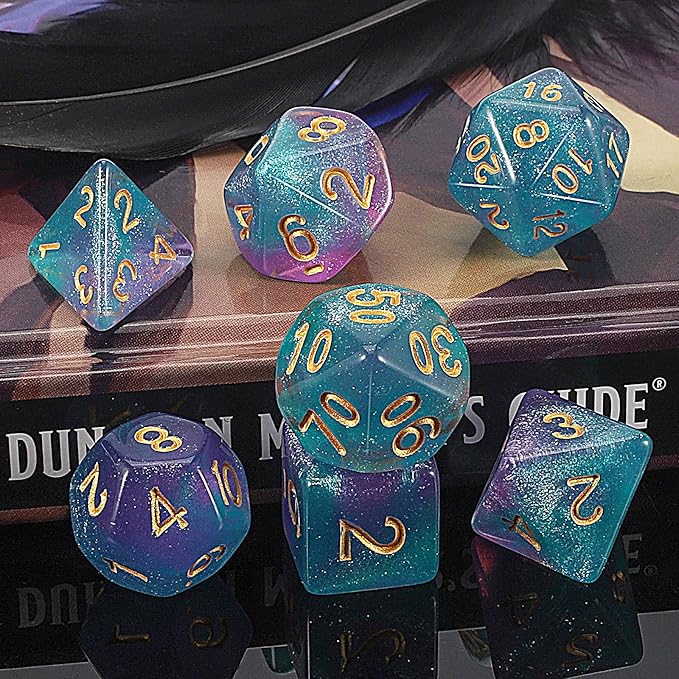 QMAY DND Dice Set -D&D Polyhedral Dice (7 Pcs) for Dungeons and Dragons (Purple Light Blue Glitter)