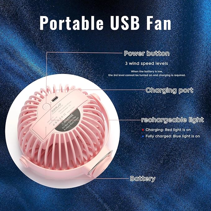 Portable Stroller Fan Personal rechargeable USB Fans With 5200mAh 3 Speeds Battery Small Baby Car Seat Mini Handheld Clip On Fan for Pram Crib Bike Treadmill Outdoor Camping Travel and Student Desk