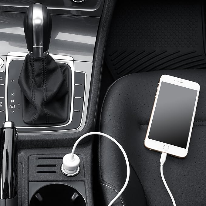 Amazon Basics 12W (5V, 2.4A) Car Charger with Lightning Cable (Straight) for iPhone and Apple Devices, 3 ft - Black