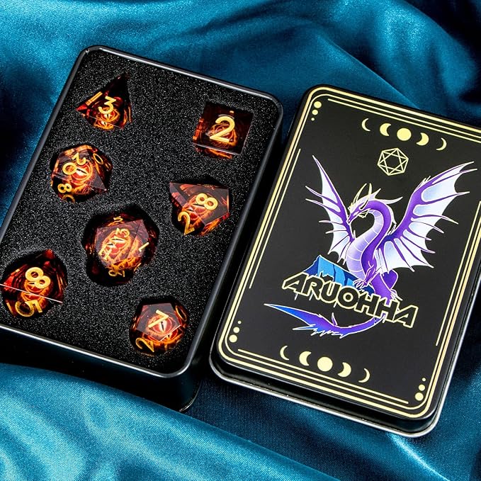 ARUOHHA DND Resin Dice Gazes Eye Dice Liquid Core Flaming RPG Sharp Edged Dice Set with Gift Box, Polyhedral D and D Dice Set Compatible with Dungeons Dragons Role Playing Game D20 D12 D10 D8 D6