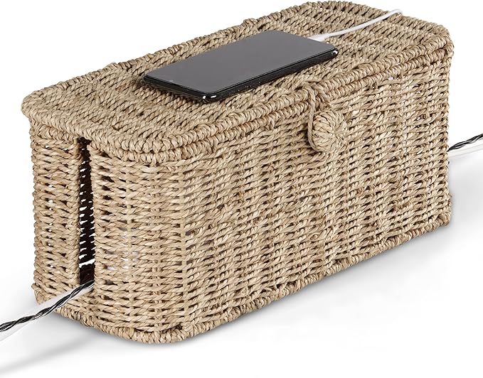 BLUEWEST Large Cable Management Box, Natural Rattan Cable Cord Organizer Boxes for Power Strip – 2 Open Slots Cords Hider Box for TV Wires, Computer, Router, USB Hub and Under Desk Power Strip