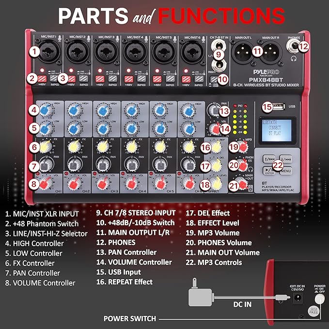Pyle Professional Wireless DJ Audio Mixer - 8-Channel Bluetooth Compatible DJ Controller Sound Mixer w/USB Port, 6 Mic/Line Input, ¼” Mono/Stereo Input, Headphone Jack, +48V Phantom Power - PMX848BT