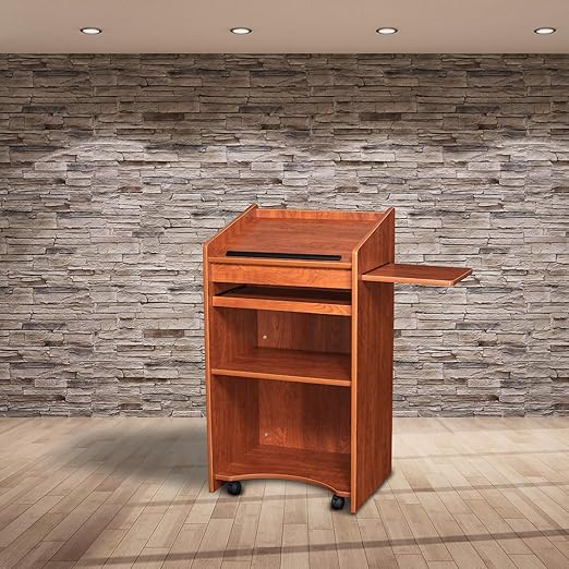 OEF Furnishings Mobile Floor Lectern with Side Shelf And Keyboard Tray, Cherry