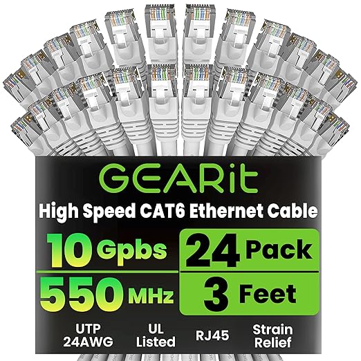 GEARit Cat 6 Ethernet Cable (24-Pack 3 Feet) Cat6 Network Patch, 10Gbps, RJ45, Snagless Cord, Gold-Plated Connectors, Internet for PC, TV, Tablet, Router, Printer, Servers, IT Data Center - White
