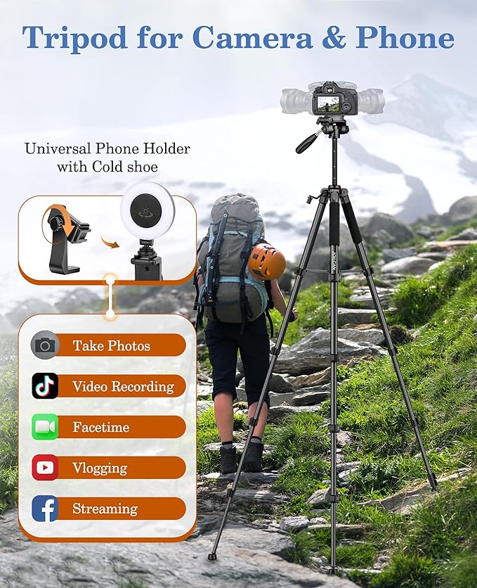 JOILCAN 75" Camera Tripod, Tripod for Camera Cell Phone, Aluminum Heavy Duty Tripods Stand, Tall Travel Tripods with Carry Bag Compatible with iPhone Canon Nikon DSLR Camera Laser Projector