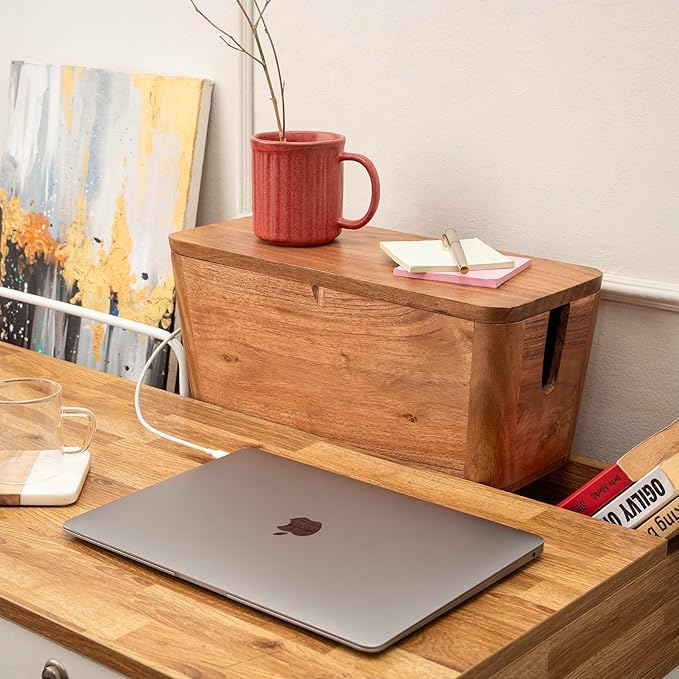 Extra Large Cable Management Box - Acacia Wood - Cable Organizer Box and Power Strip Box for Electrical Cord Management - Hide Desk Cord and Floor Cables - Wire Storage and Organization for Cords