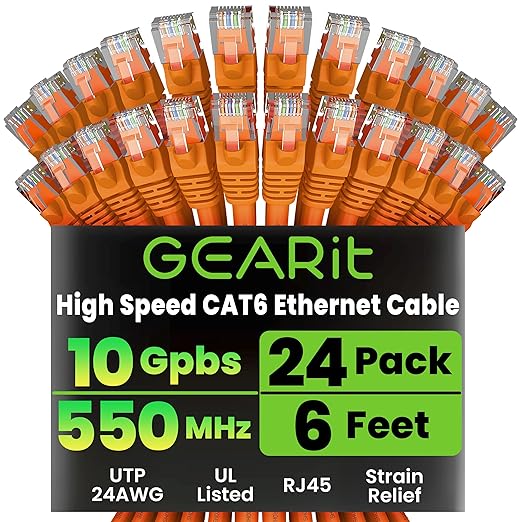 GearIT Cat 6 Ethernet Cable (24-Pack 6 Feet) Cat6 Network Patch, 10Gbps, RJ45, Snagless Cord, Gold-Plated Connectors, Internet for PC, TV, Tablet, Router, Printer, Servers, IT Data Center - Orange