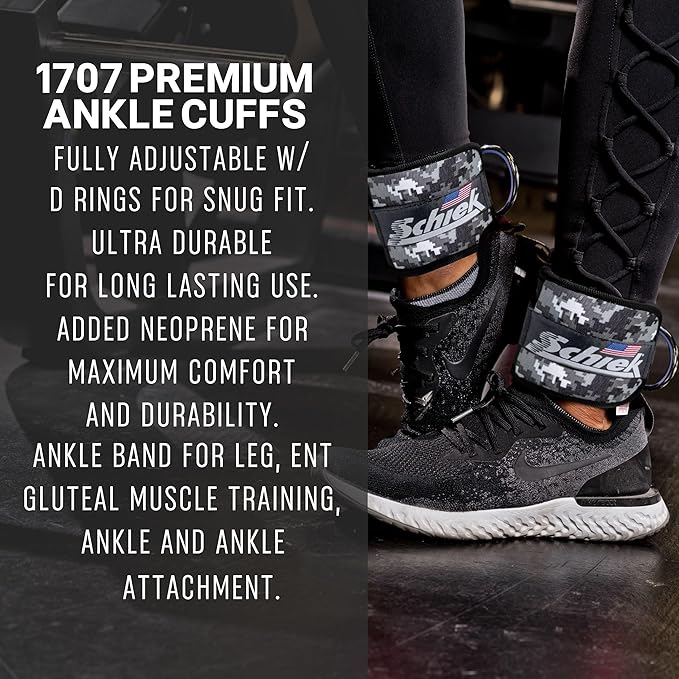 Schiek Sports 1707 Ankle Cuffs - Ideal for Glute Kickbacks and Cable Machine Workouts - Durable and Built To Last