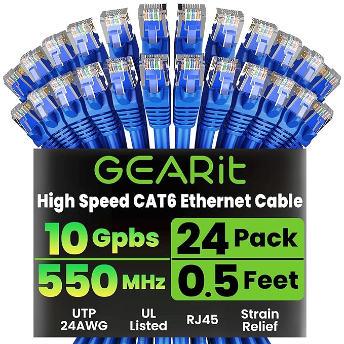 GearIT Cat 6 Ethernet Cable Pack - 24-Pack 0.5 ft Cat6 Ethernet Patch Cables | RJ45 Network Patch Cable, 10 Gbps Snagless Gold-Plated Connectors - Ethernet Cable Cat 6 for PC, TV, Router - Blue