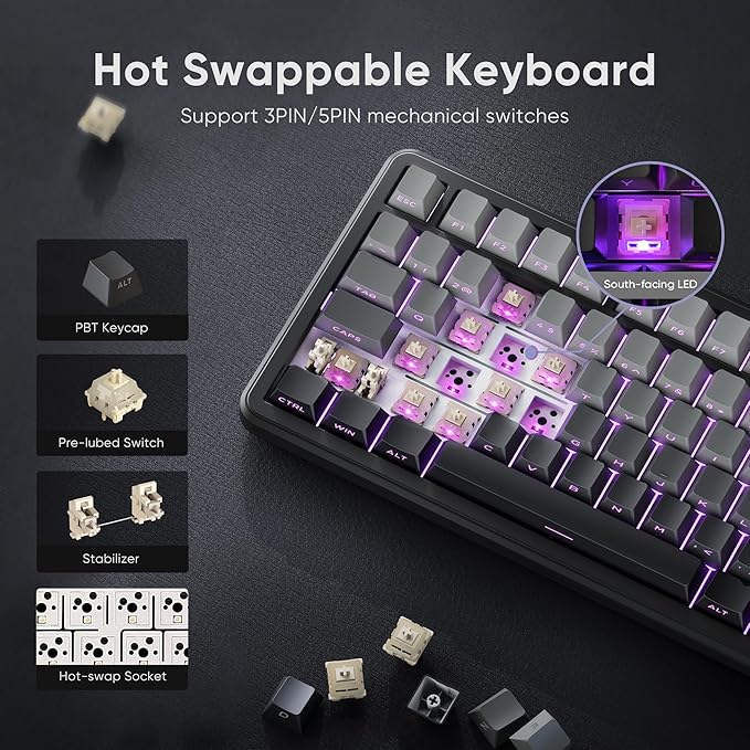 RedThunder K75 Wireless Mechanical Gaming Keyboard, 75% Hot Swappable Creamy Keyboard with Knob, RGB Backlit, Pre-lubed Linear Switches, Side Printed PBT Keycaps, Wireless/Wired/BT5.0 Connection Mode