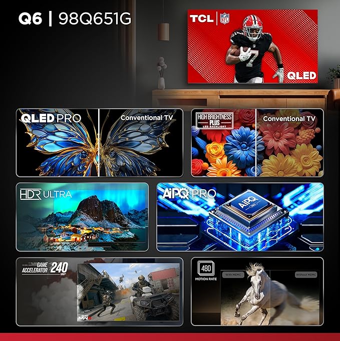 TCL 98-Inch Q65 QLED 4K UHD Smart TV with Google TV (98Q651G, 2024 Model) Dolby Vision, Dolby Atmos, HDR Pro+, Game Accelerator Enhanced Gaming, Voice Remote, Works with Alexa, Streaming Television