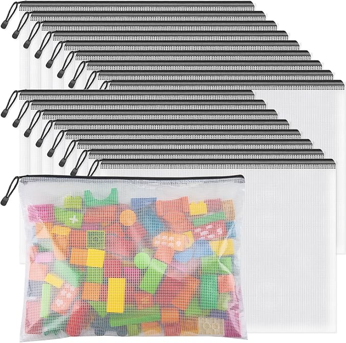 Umriox Zipper Mesh Document Pouch, 16.9x12.4 in (Black, 18 Packs), Clear Zipper Pouches, Waterproof Travel Pouch for Office Supplies, Puzzles, Board Games and Craft Projects