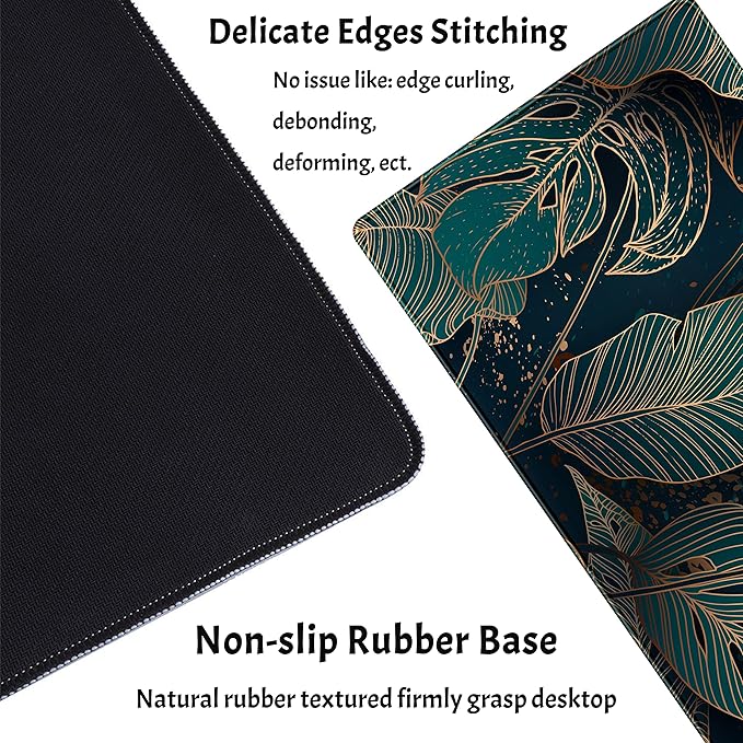 Desk Pad, Green Gold Palm Leaves Extended Gaming Mouse Pad Cute Large Desk Mat, Non-Slip Rubber Base Mousepad with Stitched Edges, Keyboard Mouse Mat Desk Pad for Game Office Home 31.5x15.75 in