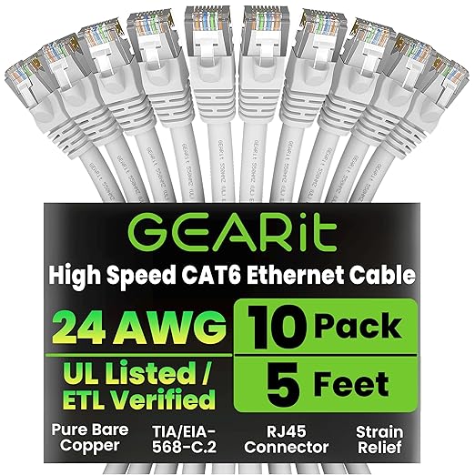 GEARit Cat 6 Ethernet Cable (10-Pack 5 Feet) Cat6 Network Patch, 10Gbps, RJ45, Snagless Cord, Gold-Plated Connectors, Internet for PC, TV, Tablet, Router, Printer, Servers, IT Data Center - White