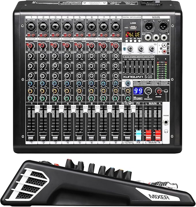 S-10 Audio Mixer 10 channel 8 channel Professional DJ Mixing Console with Reverb MP3 Player Bluetooth 48V Phantom Power Supply USB Recording for Studio Karaoke Live Music