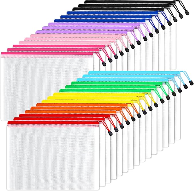 SUNEE Mesh Zipper Pouch 7x11 in (10 Colors, 30 Packs), Mesh Bags with Zipper for School Office Supplies, Puzzles & Games, Travel Accessories, Waterproof Zipper Pouches for Organizing