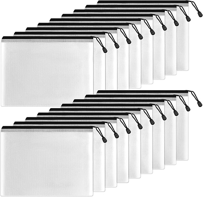 SUNEE Plastic Mesh Zipper Pouch 7x11 in (Black, 18 Packs),Extra Large Water-Resistant Zip Bag for School Office Supplies, Puzzles & Games Organizing Storage