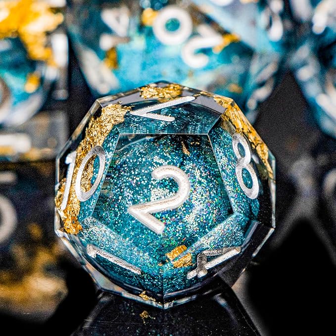 DND Dice Blue Liquid Core Dice Set with Metal Box, Handmade Sharp Edge D and D Polyhedral Dice for use with RPG D&D Role Playing Game