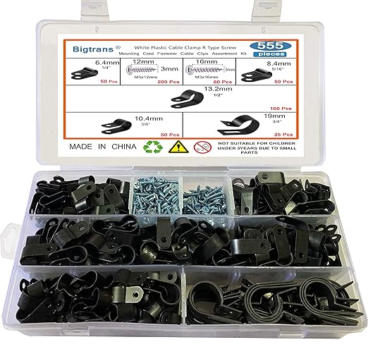 Bigtrans 555 Pcs Nylon Plastic R-Type Wire Clips with Screws 1/4" 5/16" 3/8" 1/2" 3/4" Clamps Fasteners Assortment for Cable Conduit -5 Size -Black