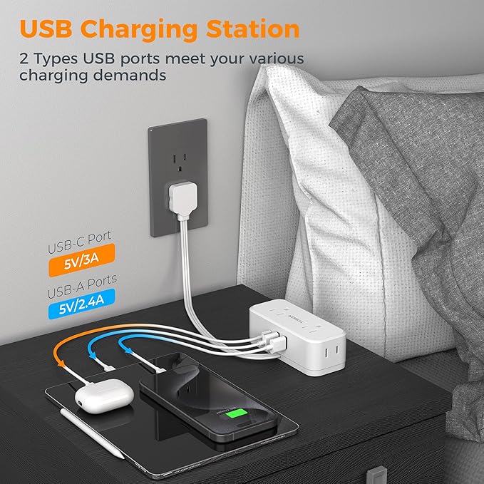 Small Extension Cord 6 inch, TESSAN Thin Flat Plug Power Strip with 4 AC Outlets 3 USB (1 USB C) Ports, Silm Charging Station Desk Organizers for Home Bedroom Hotel Office Desktop Accessories