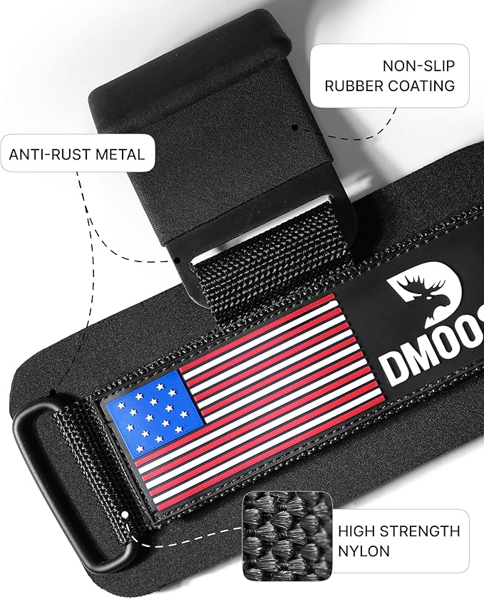 DMoose Fitness Weight Lifting Hooks (Pair) for Deadlifts, Pull Ups, Rows & Shrugs - Anti-Rip Nylon Strap Hand Grips with Thick Wrist Padding - Heavy Duty Wrist Straps for Weightlifting & Gym Workouts