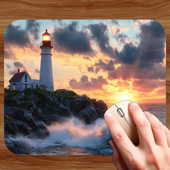 Coastal Shoreline Waves Sandy Beach Theme Mouse Pad Mat Mousepad for Desk Computer Laptop PC Gaming Home or Office Gift (Lighthouse Sunset MP33)
