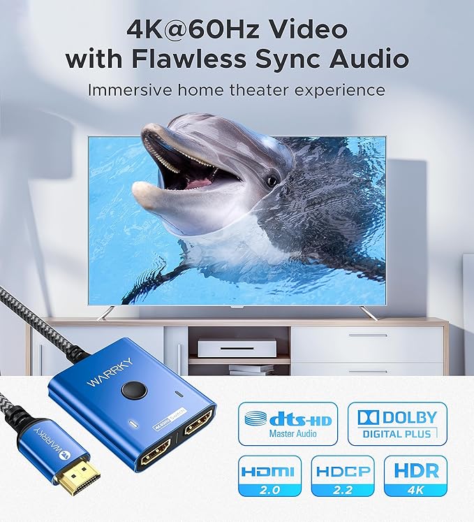4K@60Hz HDMI Splitter Switch 2 in 1 Out, WARRKY [3.3ft Fixed Braided HDMI Cable, Aluminum Case, HDCP 2.2] Bidirectional 2x1 Switcher UHD Compatible for PS5/4, Nintendo Switch, Roku, FireStick – Blue