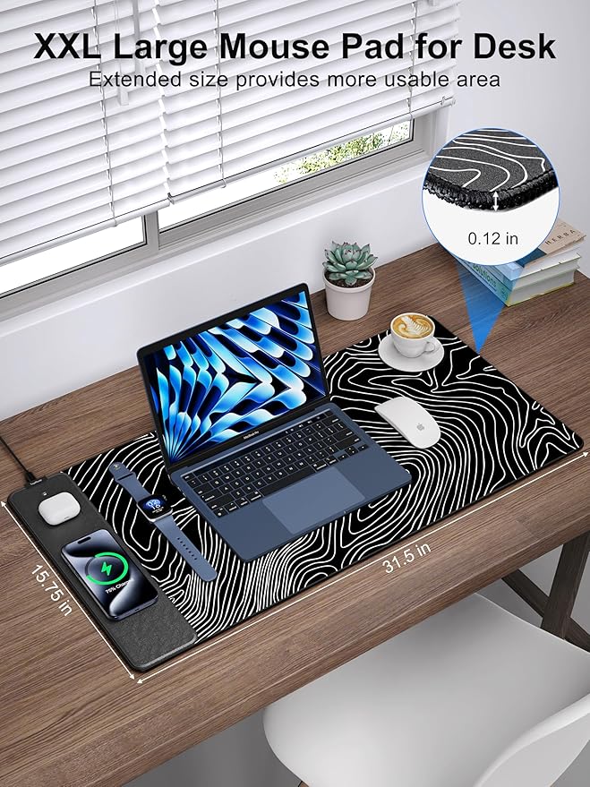 TopMade Mouse Pad with 15W Fast Wireless Charging, 31.5"x15.75" XXL Large Gaming Waterproof Desk Pad with Ultra-Smooth Surface, Non-Slip Base, Computer Desk Mat, Black Topographic Map #1