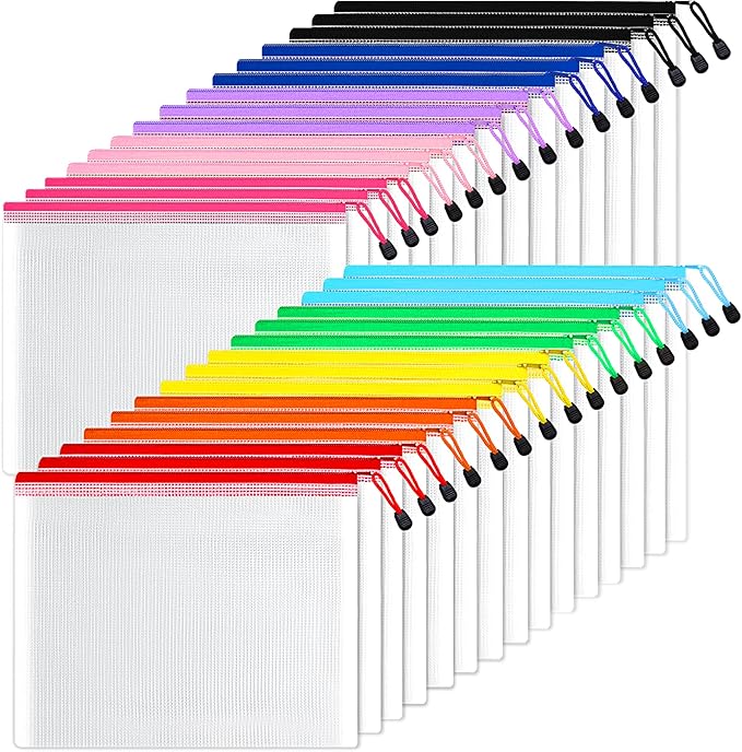 SUNEE Mesh Zipper Pouch 9x13 in (10 Colors, 30 Packs), Mesh Bags with Zipper for School Office Supplies, Puzzles & Games, Travel Accessories, Waterproof Zipper Pouches for Organizing