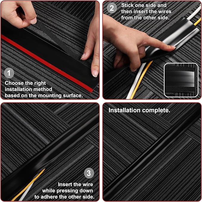 8.2Ft Cord Cover Floor, PVC Cord Covers for Wires on Floor, Soft Floor Cable Cover Cord Hider, Floor Cable Management Cable Protector for Commercial Office Carpet/Floors/Wall Black