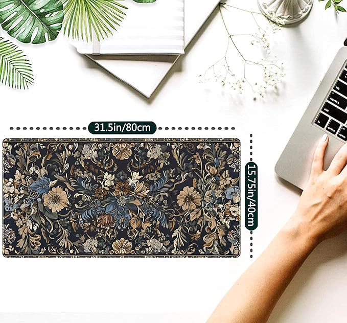 Vintage Floral Desk Mat Blue Wildflowers Mouse Pad Cottagecore Mousepad, XXL Large Extended Gaming Desk Matt for Desktop, Laptop Keyboard Mouse Mat for Women Office Decor Accessories, 31.5x15.75 in