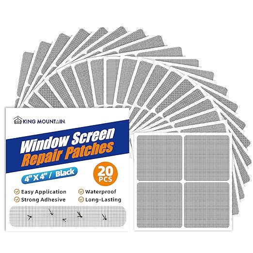 KING MOUNTAIN 20 Sheets Black Window Screen Repair Patches,4×4 in Window Screen Repair Kit for Window Screen and Screen Door Tears Holes, Strong Adhesive Screen Tape Mesh Repair,Quick & Waterproof