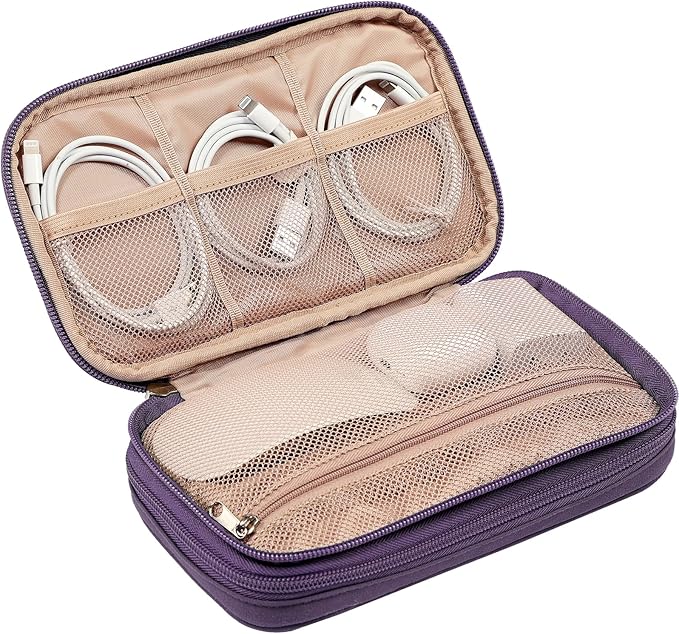NISHEL Travel Cord Organizer Case, Double Layers Tech Electronic Bag, Essentials for Charger, Cable, Phone, Flash drive, Purple