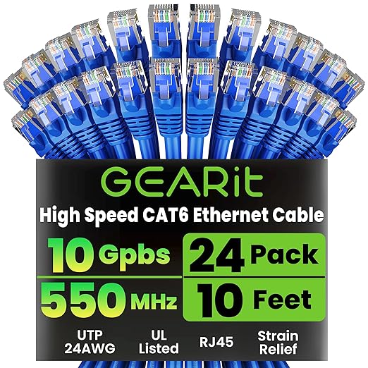 GEARit Cat 6 Ethernet Cable Pack - 24-Pack 10 ft Cat6 Ethernet Patch Cables | RJ45 Network Patch Cable, 10 Gbps Snagless Gold-Plated Connectors - Ethernet Cable Cat 6 for PC, TV, Router - Blue