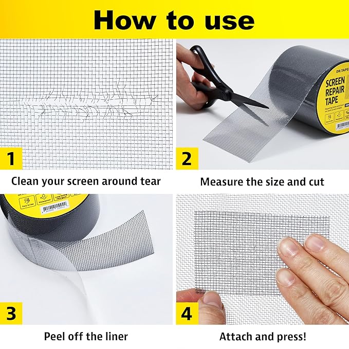 Grey Window Screen Repair Tape, 4 in X 15 FT, Screen Repair Kit for Windows or Doors, Strong Adhesive Patch Kit Fiberglass Mesh Tape