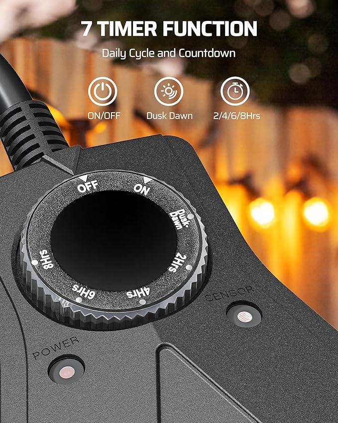 DEWENWILS Light Timer Outdoor Weatherproof, Heavy Duty 3-Prong Grounded Outlet, Dusk to Dawn and 2/4/6/8 Countdown Timer for String Light, UL Listed